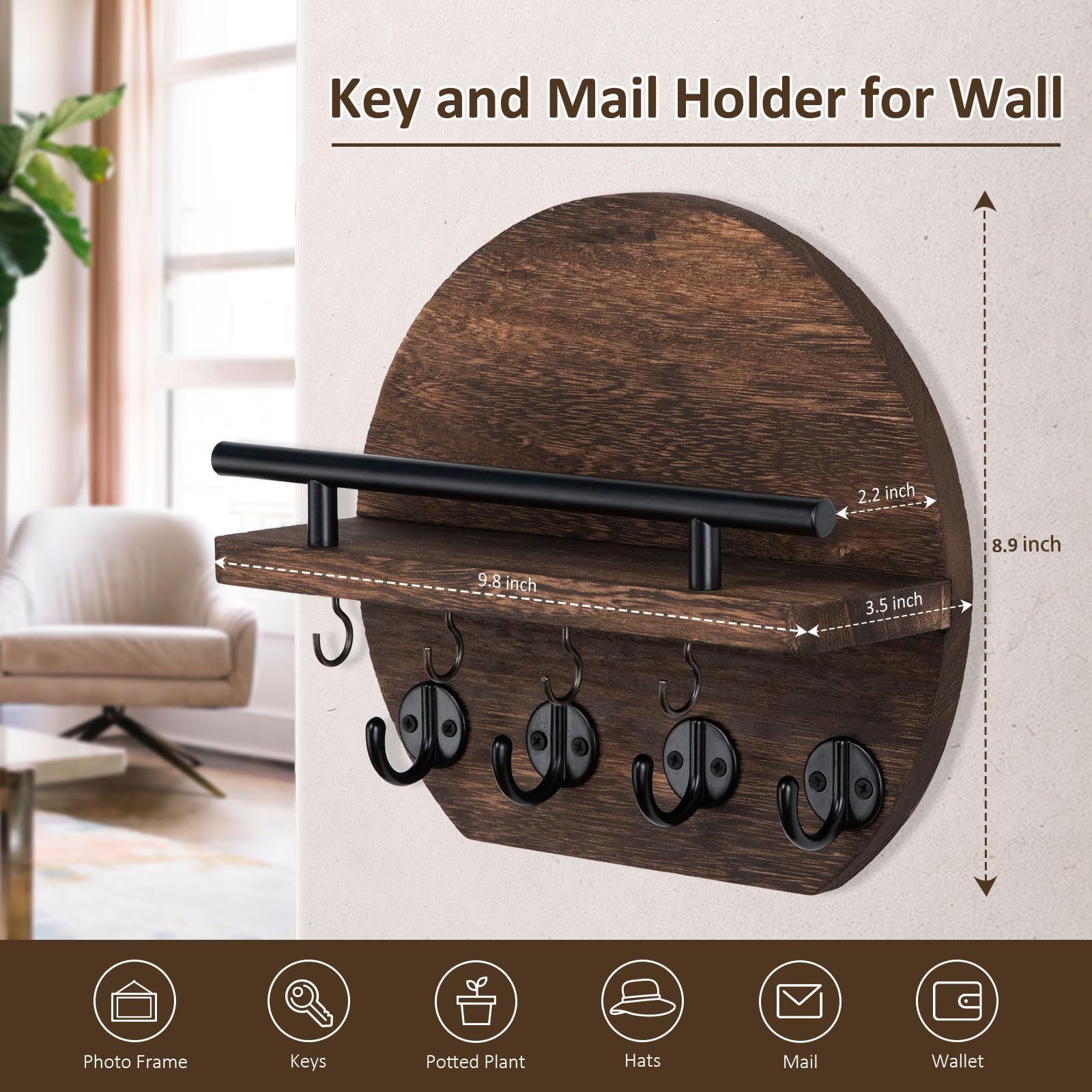 Handcrafted wooden wall organizer with partitioned storage and multifunctional use, easily creating a tidy and stylish entryway./BLACK - Image 7
