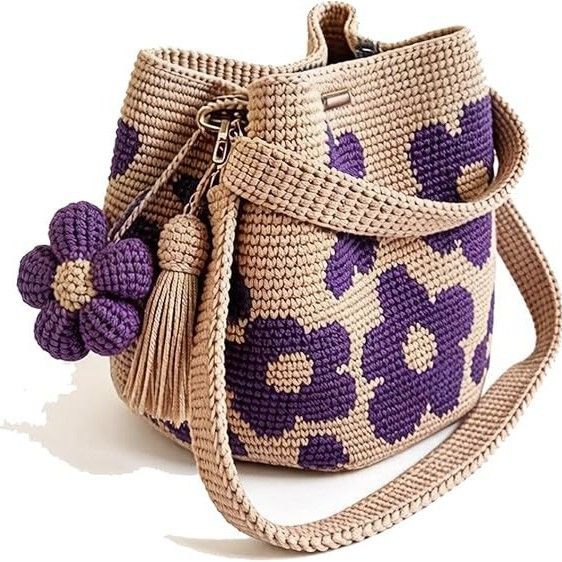 Hand crocheted flower tote bag, beige and brown color scheme with three-dimensional yellow flowers and tassels, can be worn as shoulder bag, crossbody bag, or carried by hand, the perfect choice for everyday outings with a stylish vibe./purple - Image 1