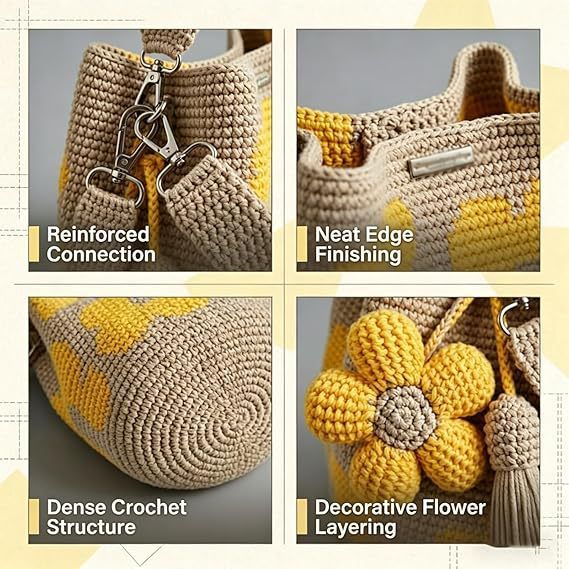 Hand crocheted flower tote bag, beige and brown color scheme with three-dimensional yellow flowers and tassels, can be worn as shoulder bag, crossbody bag, or carried by hand, the perfect choice for everyday outings with a stylish vibe./purple - Image 2