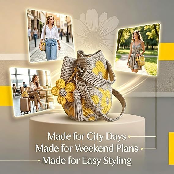 Hand crocheted flower tote bag, can be worn as shoulder bag, crossbody bag, or carried by hand, the perfect choice for everyday outings with a stylish vibe./YELLOW - Image 5