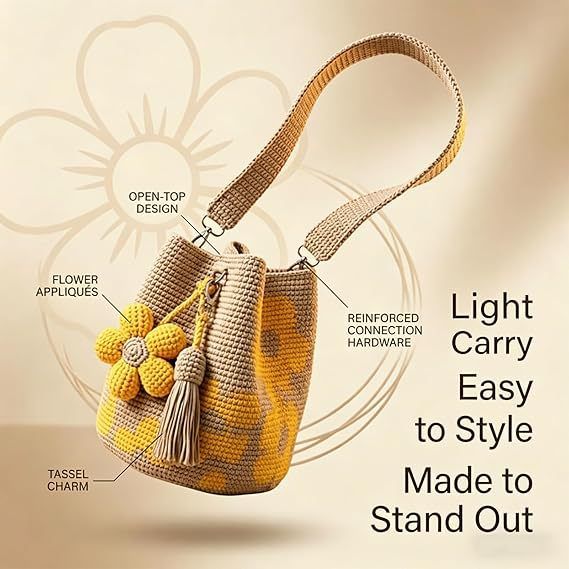 Hand crocheted flower tote bag, can be worn as shoulder bag, crossbody bag, or carried by hand, the perfect choice for everyday outings with a stylish vibe./YELLOW - Image 6