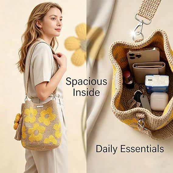 Hand crocheted flower tote bag, can be worn as shoulder bag, crossbody bag, or carried by hand, the perfect choice for everyday outings with a stylish vibe./BLUE - Image 4