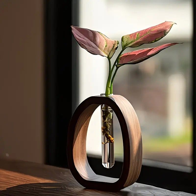 South American Walnut Wangshu Flower Vase: Natural Solid Wood Hand Polished, Ring Design with Glass Tube, Suitable for Fresh Cut and Hydroponic Plants, Space Aesthetic Accent/L SIZE - Image 5