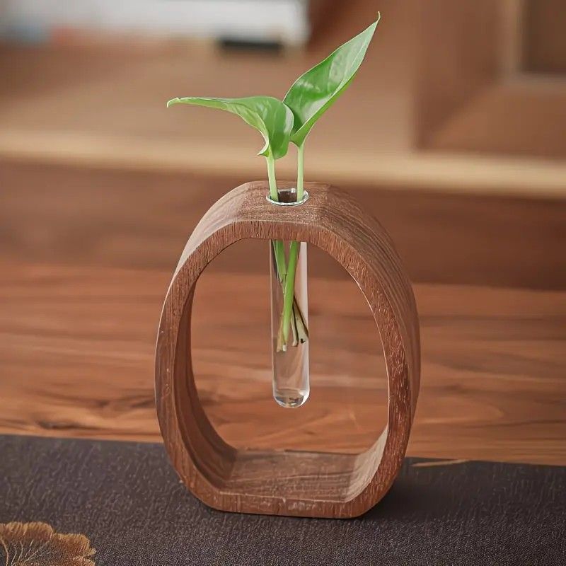 South American Walnut Wangshu Flower Vase: Natural Solid Wood Hand Polished, Ring Design with Glass Tube, Suitable for Fresh Cut and Hydroponic Plants, Space Aesthetic Accent/ S - Image 3