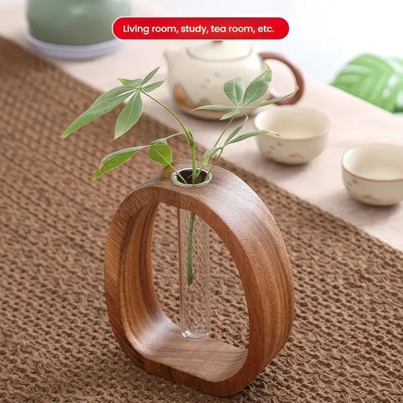 South American Walnut Wangshu Flower Vase: Natural Solid Wood Hand Polished, Ring Design with Glass Tube, Suitable for Fresh Cut and Hydroponic Plants, Space Aesthetic Accent/ S - Image 4