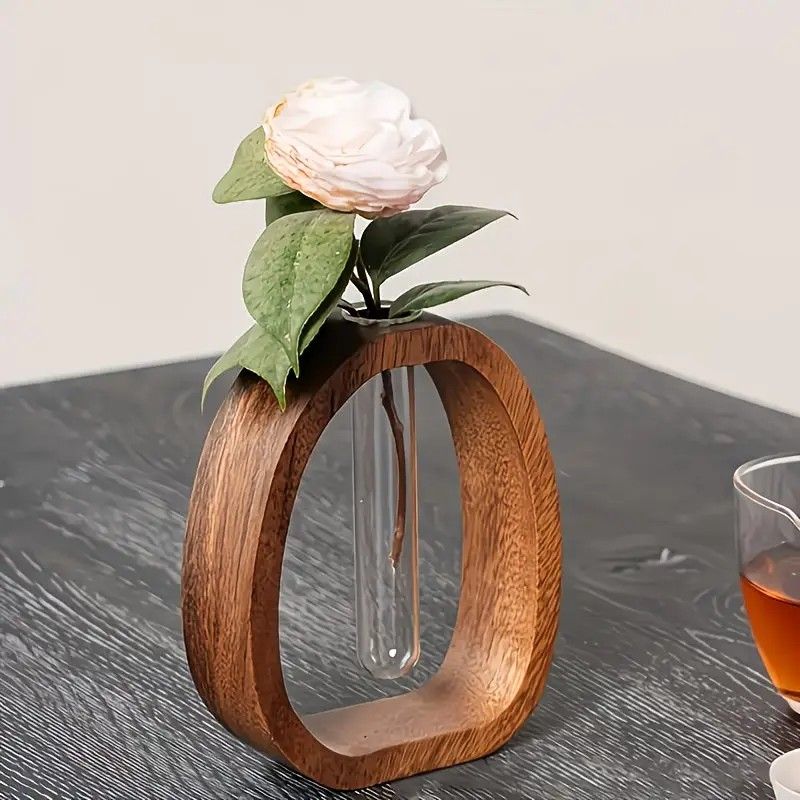 South American Walnut Wangshu Flower Vase: Natural Solid Wood Hand Polished, Ring Design with Glass Tube, Suitable for Fresh Cut and Hydroponic Plants, Space Aesthetic Accent/ S - Image 8