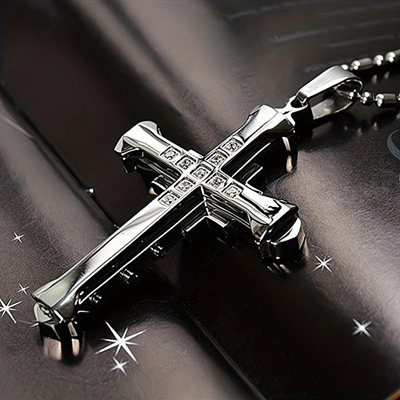 2PCS Luxurious Rhinestone Cross Necklace, Unisex, Guarding Faith with Cool Shine for Holidays and Daily Wear.BLUE - Image 4