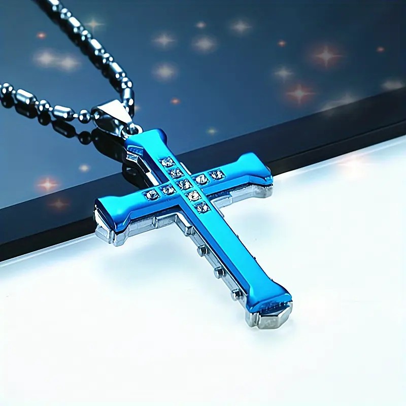 2PCS  Luxurious Rhinestone Cross Necklace, Unisex, Guarding Faith with Cool Shine for Holidays and Daily Wear.silver - Image 5