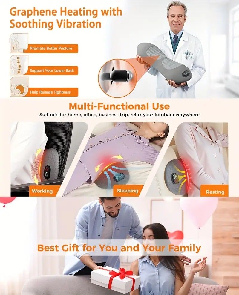 Graphene Heating Vibration Lumbar Massager, 3 in 1 Back Cushion, Lumbar Support + Massage & Heat Therapy, Deep Relaxation for a Warm Sleep - Image 5
