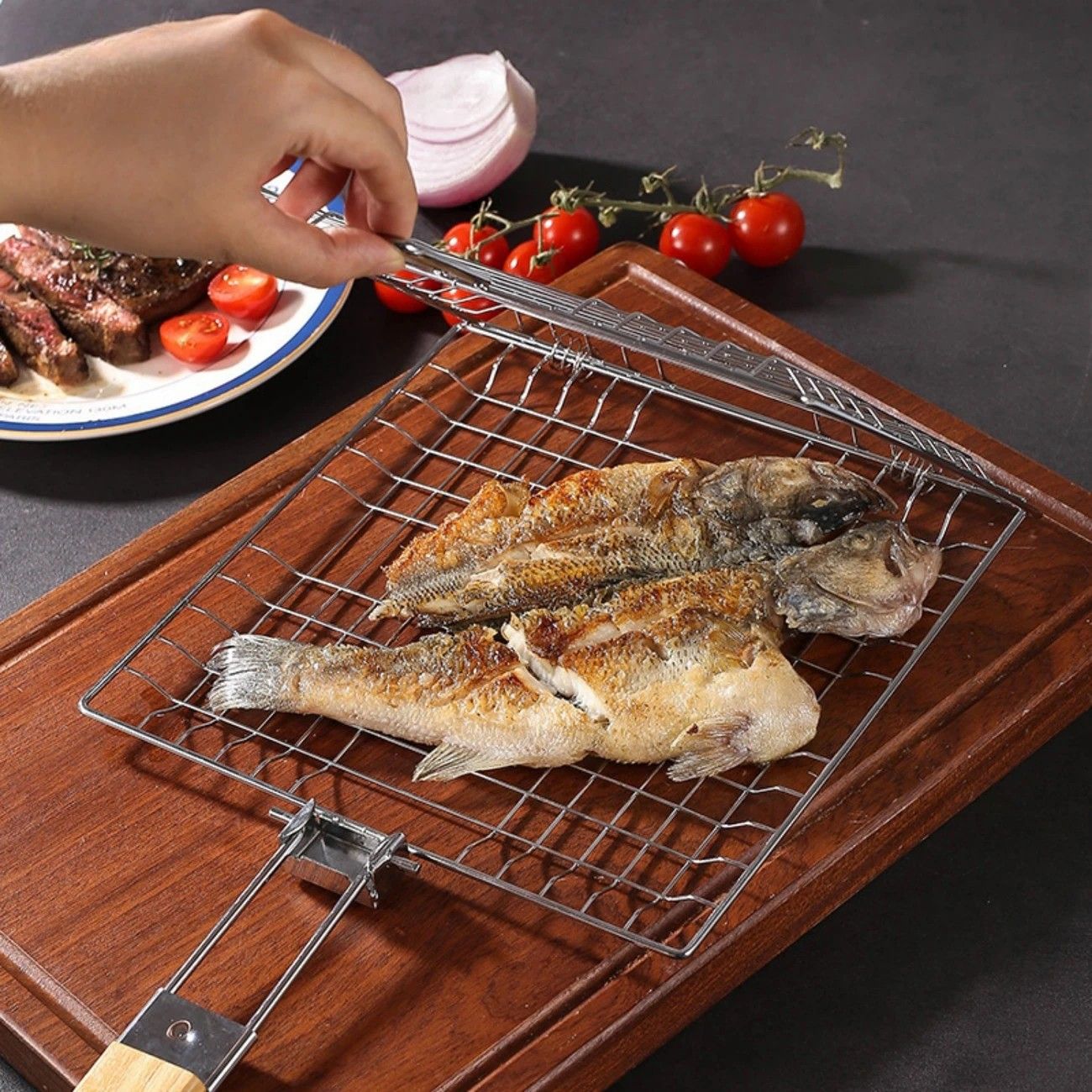 2PCS  Stainless Steel BBQ Clamp Commercial & Home Use Grill Mesh for Fish & Burgers - Image 2