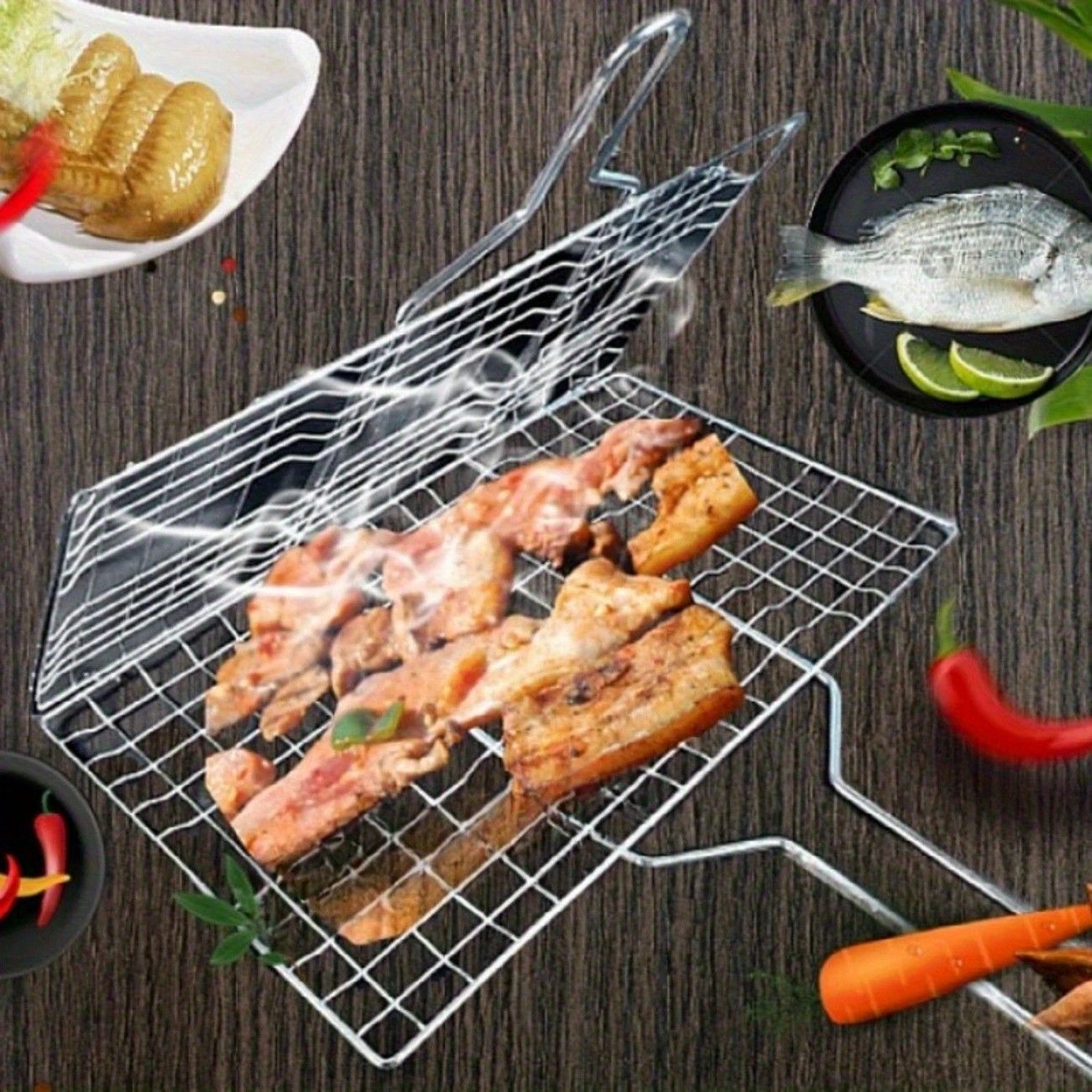 2PCS  Stainless Steel BBQ Clamp Commercial & Home Use Grill Mesh for Fish & Burgers - Image 8