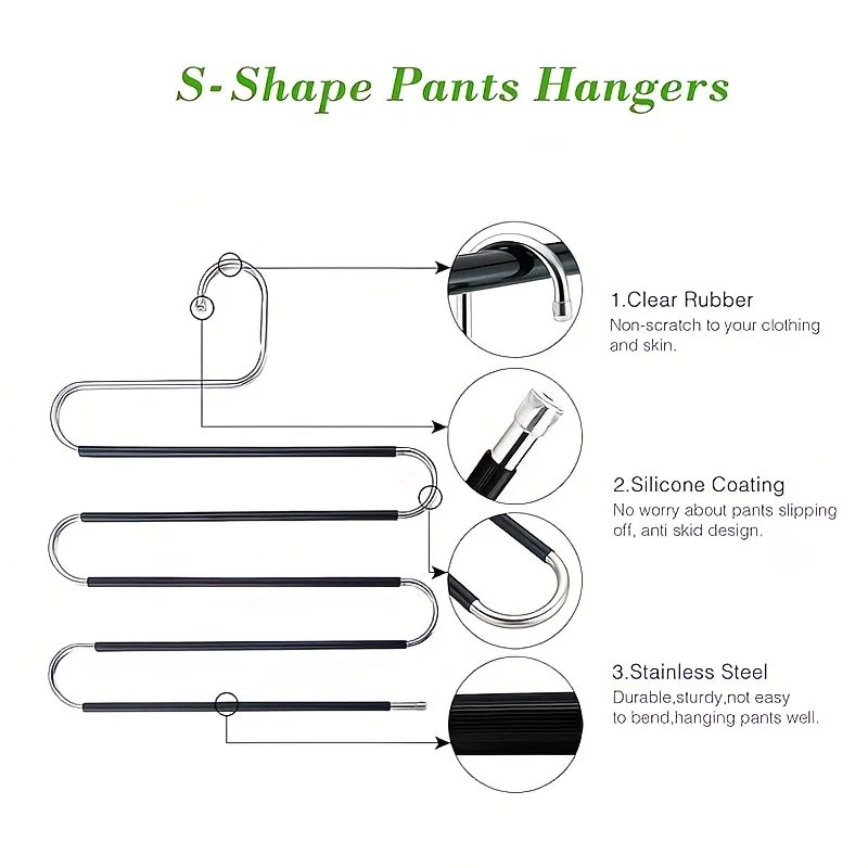 3 Pack Multi-Layer Stainless Steel Metal Pants Hangers, Bedroom Storage, S-Shaped Anti-Slip No-Mark, Space Saving, Closet Storage Rack, Pants Jeans Scarves Hanging, Black Version - Image 6