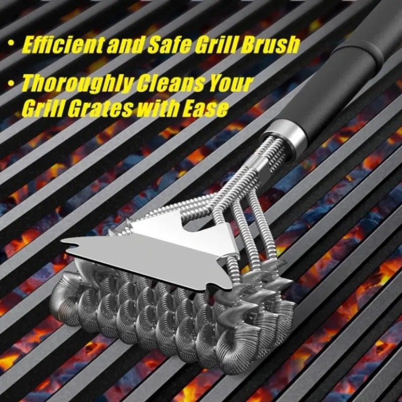 Bristle-Free Stainless Steel BBQ Grill Brush Heavy Duty Steam Clean Coil Head with Scraper - Image 1