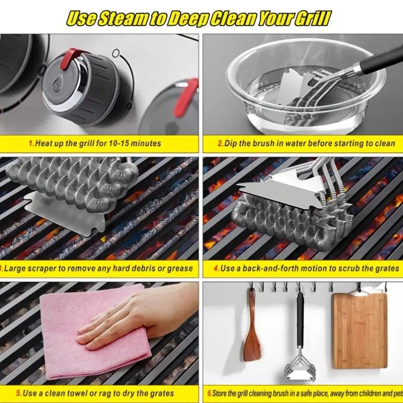 Bristle-Free Stainless Steel BBQ Grill Brush Heavy Duty Steam Clean Coil Head with Scraper - Image 6