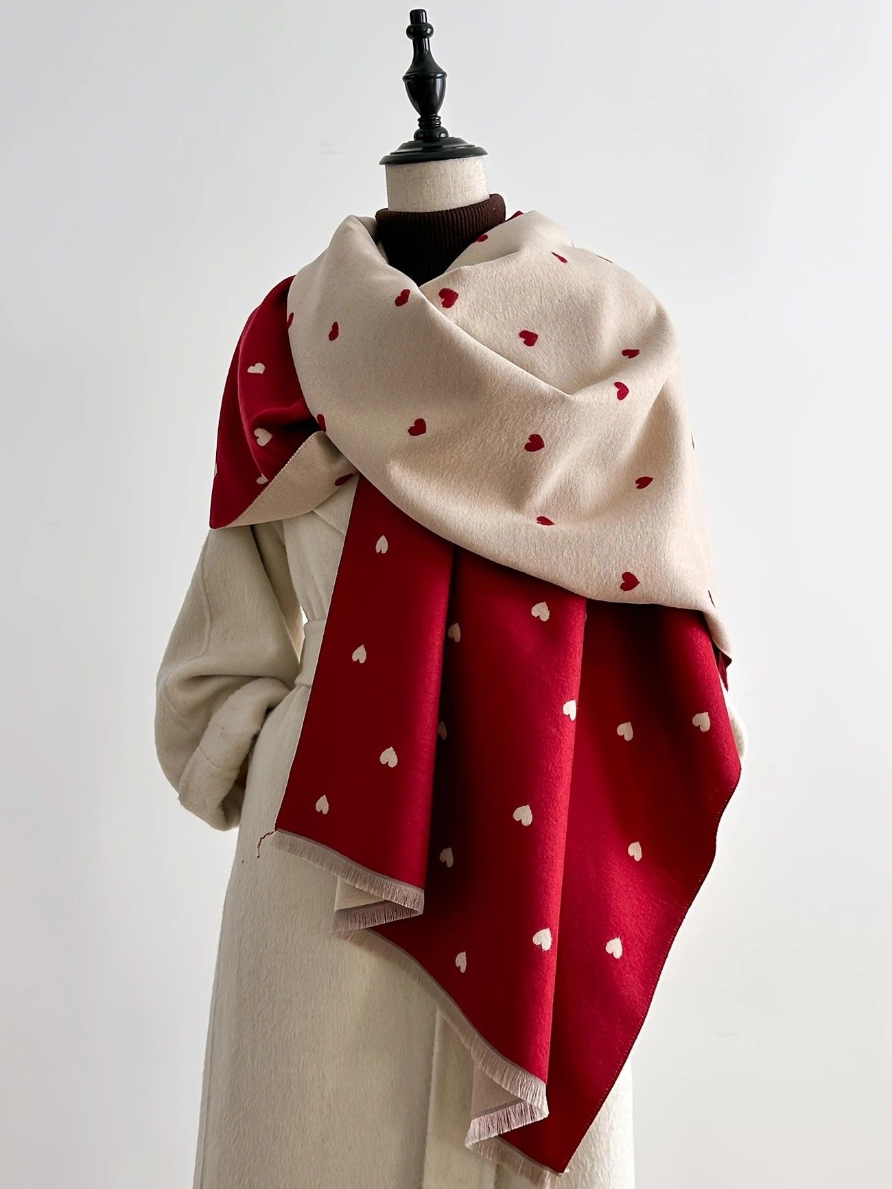 Modern Love Double-sided Shawl, Faux Cashmere Autumn Winter Fringe Oversized Fashion Versatile Warm Scarf(red) - Image 1
