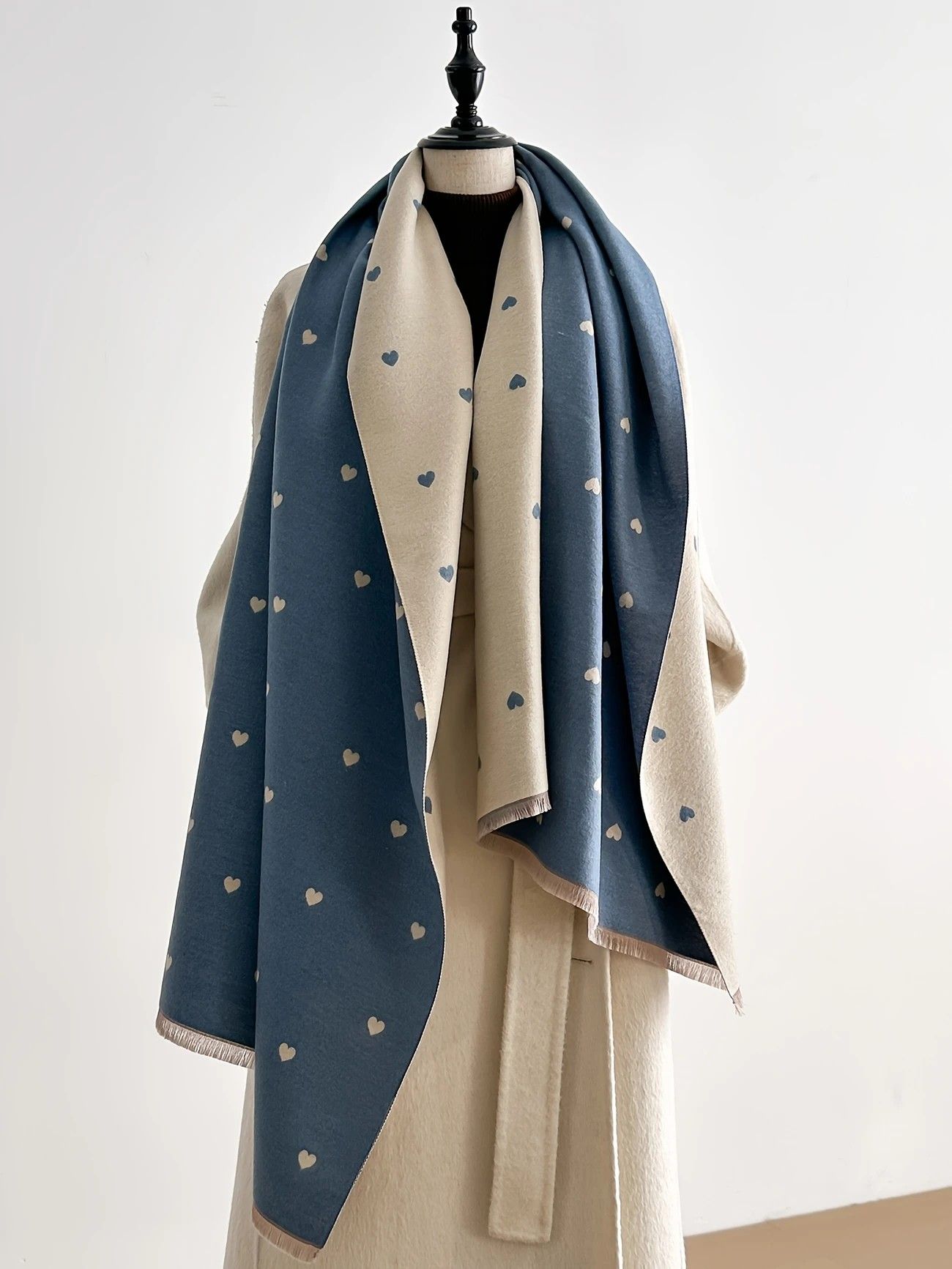 Modern Love Double-sided Shawl, Faux Cashmere Autumn Winter Fringe Oversized Fashion Versatile Warm Scarf(royal blue) - Image 1