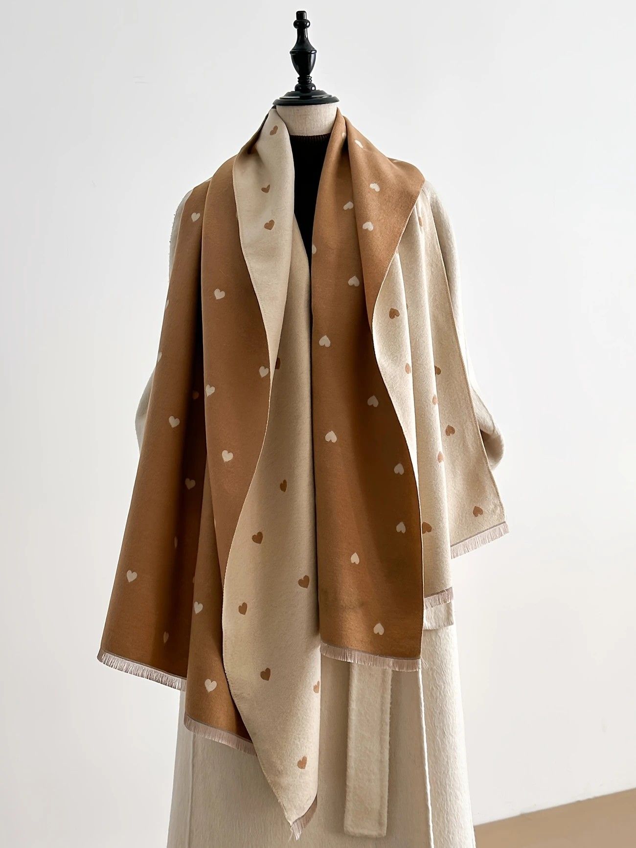 Modern Love Double-sided Shawl, Faux Cashmere Autumn Winter Fringe Oversized Fashion Versatile Warm Scarf(sepia) - Image 1