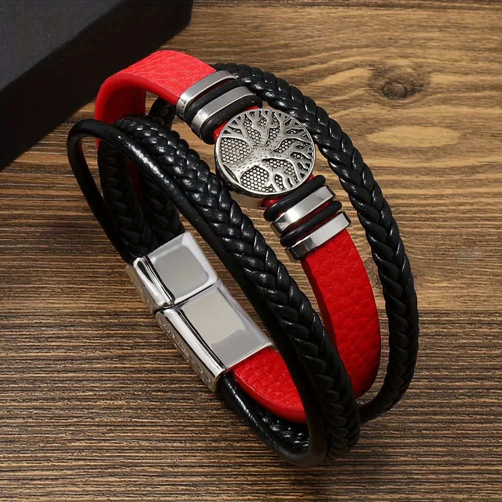 2PCS Handwoven Tree of Life Magnetic Clasp Bracelet, Red-Black Synthetic Leather Double-Layer Design, Vintage Style, Symbolizing Flourishing Life, Ideal for Personal Use or Gifting. - Image 1