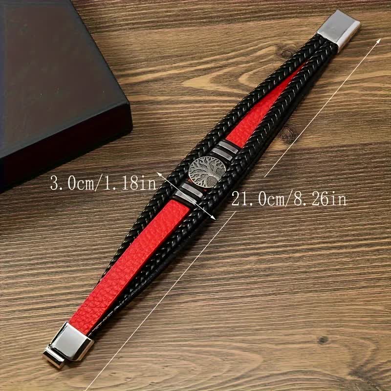 2PCS Handwoven Tree of Life Magnetic Clasp Bracelet, Red-Black Synthetic Leather Double-Layer Design, Vintage Style, Symbolizing Flourishing Life, Ideal for Personal Use or Gifting. - Image 2