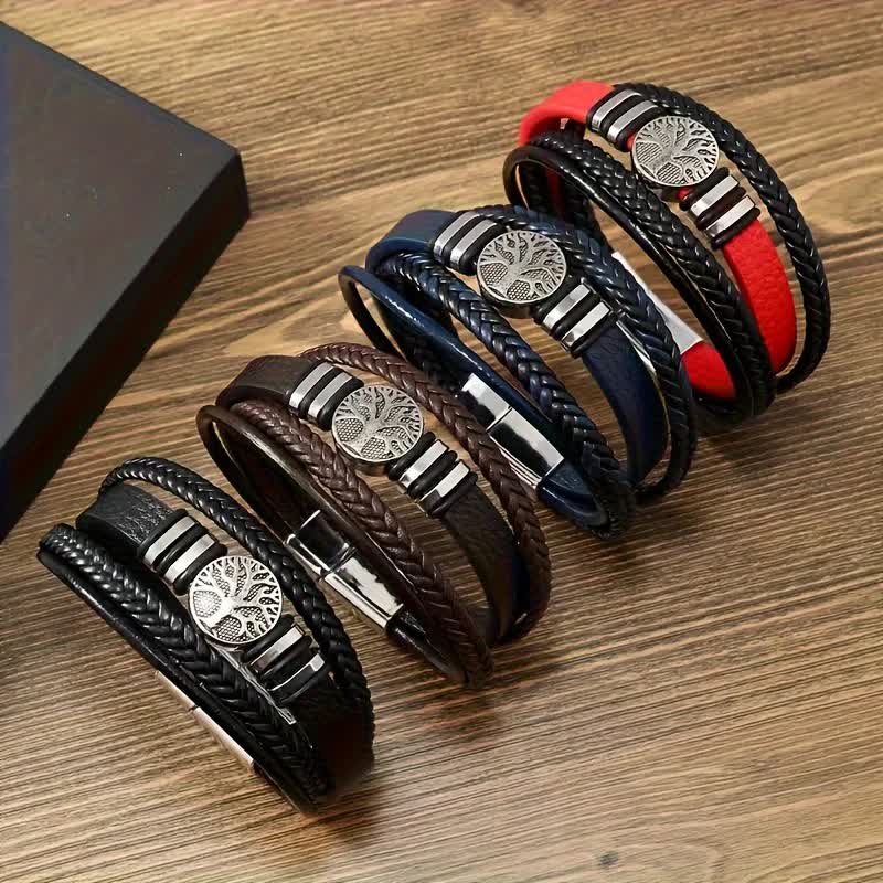 2PCS Handwoven Tree of Life Magnetic Clasp Bracelet, Red-Black Synthetic Leather Double-Layer Design, Vintage Style, Symbolizing Flourishing Life, Ideal for Personal Use or Gifting. - Image 7