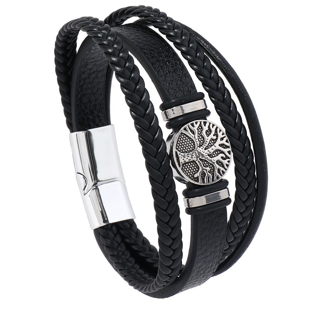 2PCS Handwoven Tree of Life Magnetic Clasp Bracelet, featuring a black synthetic leather double-layer design. Blending vintage charm with contemporary style, it symbolizes flourishing life and is perfect for both personal wear and thoughtful gifting. - Image 1
