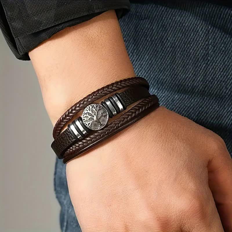 2PCS Handwoven Tree of Life Magnetic Clasp Bracelet, featuring a black synthetic leather double-layer design. Blending vintage charm with contemporary style, it symbolizes flourishing life and is perfect for both personal wear and thoughtful gifting. - Image 3