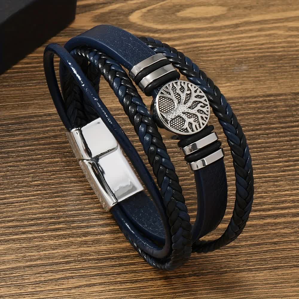 2PCS Handwoven Tree of Life Magnetic Clasp Bracelet, featuring a blue synthetic leather double-layer design. Blending vintage charm with contemporary style, it symbolizes flourishing life and is perfect for both personal wear and thoughtful gifting. - Image 1