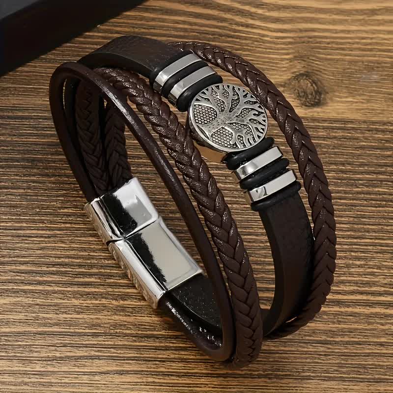2PCS Handwoven Tree of Life Magnetic Clasp Bracelet, featuring a blue synthetic leather double-layer design. Blending vintage charm with contemporary style, it symbolizes flourishing life and is perfect for both personal wear and thoughtful gifting. - Image 2