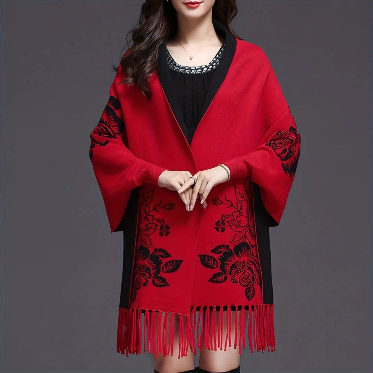 Double-sided Jacquard Cheongsam Shawl, Color-Blocked Fringed Cape Design, Autumn/Winter Fashion & Warmth Two-in-One Scarf（red) - Image 1