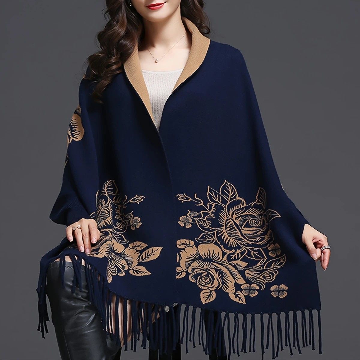 Double-sided Jacquard Cheongsam Shawl, Color-Blocked Fringed Cape Design, Autumn/Winter Fashion & Warmth Two-in-One Scarf（red) - Image 4