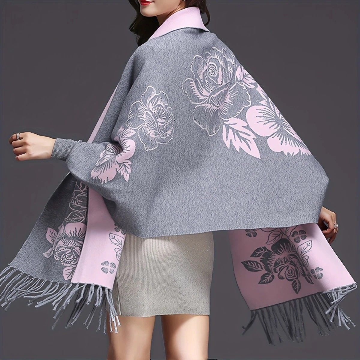 Double-sided Jacquard Cheongsam Shawl, Color-Blocked Fringed Cape Design, Autumn/Winter Fashion & Warmth Two-in-One Scarf（red) - Image 6