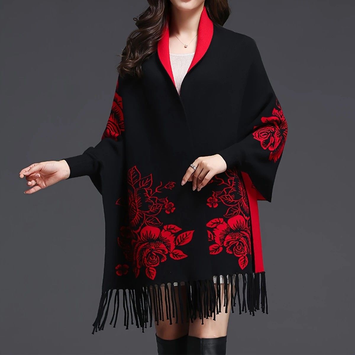 Double-sided Jacquard Cheongsam Shawl, Color-Blocked Fringed Cape Design, Autumn/Winter Fashion & Warmth Two-in-One Scarf(BLACK) - Image 1