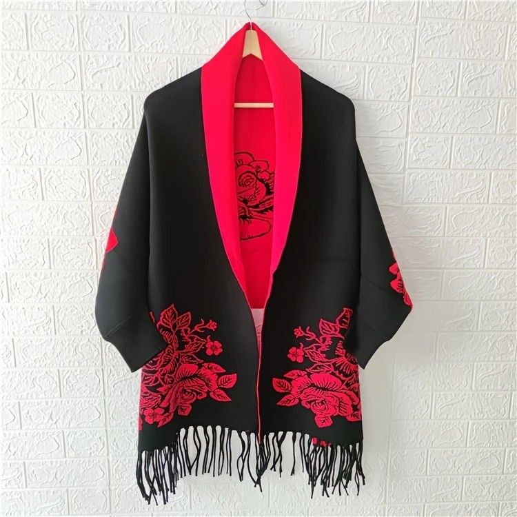 Double-sided Jacquard Cheongsam Shawl, Color-Blocked Fringed Cape Design, Autumn/Winter Fashion & Warmth Two-in-One Scarf(BLACK) - Image 2