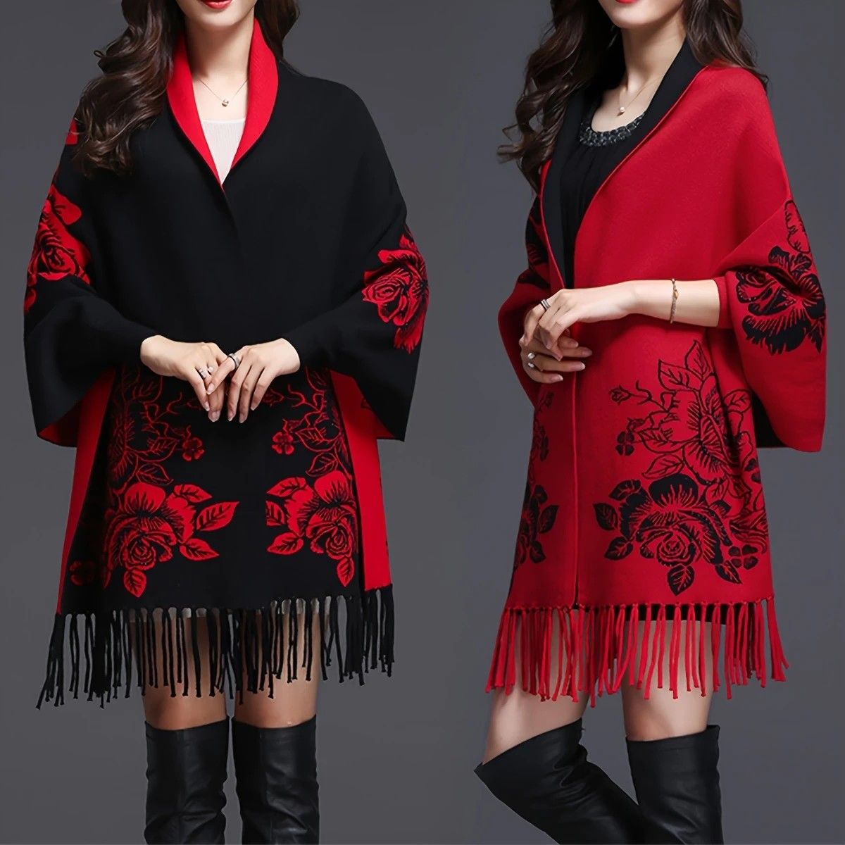 Double-sided Jacquard Cheongsam Shawl, Color-Blocked Fringed Cape Design, Autumn/Winter Fashion & Warmth Two-in-One Scarf(BLACK) - Image 3