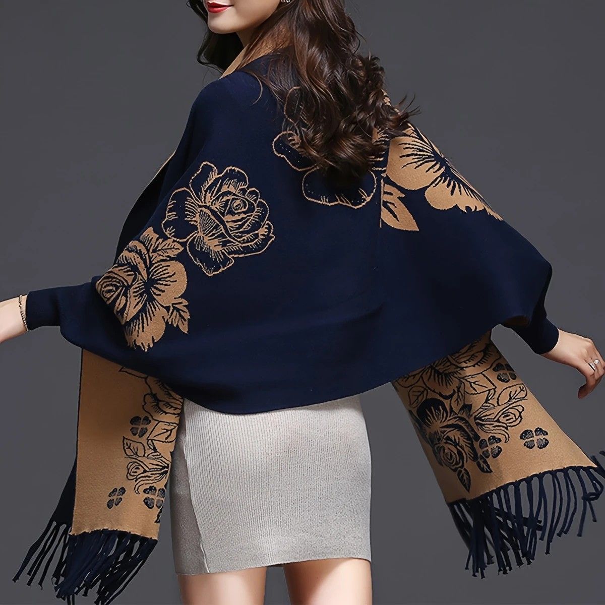 Double-sided Jacquard Cheongsam Shawl, Color-Blocked Fringed Cape Design, Autumn/Winter Fashion & Warmth Two-in-One Scarf(BLACK) - Image 5