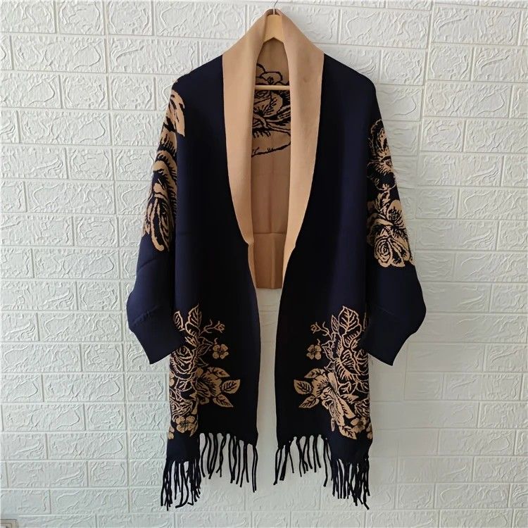 Double-sided Jacquard Cheongsam Shawl, Color-Blocked Fringed Cape Design, Autumn/Winter Fashion & Warmth Two-in-One Scarf(khaki) - Image 4