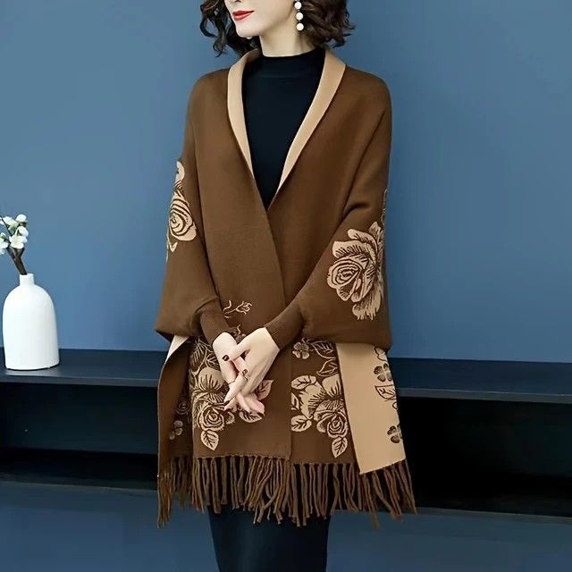 Double-sided Jacquard Cheongsam Shawl, Color-Blocked Fringed Cape Design, Autumn/Winter Fashion & Warmth Two-in-One Scarf(brown) - Image 1