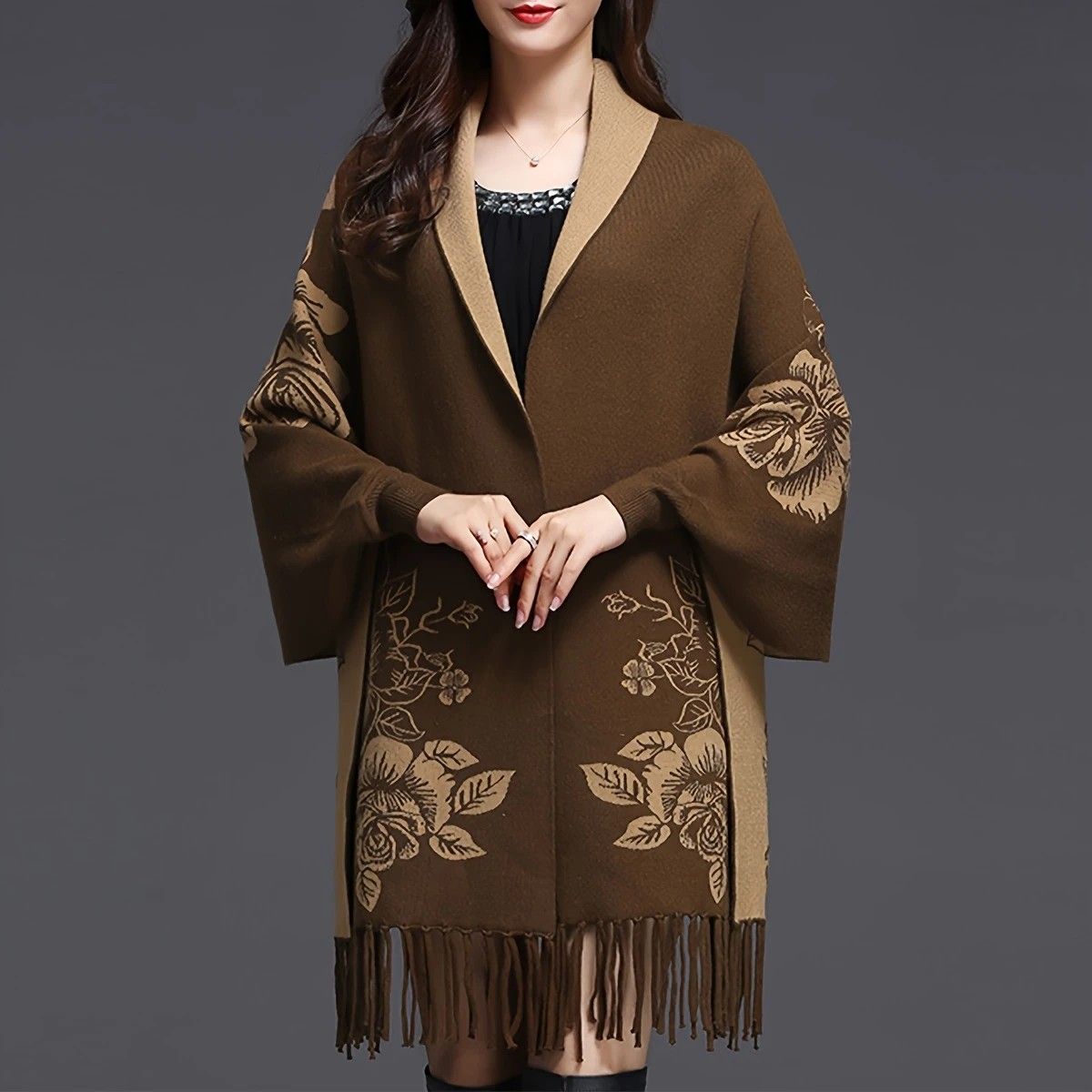 Double-sided Jacquard Cheongsam Shawl, Color-Blocked Fringed Cape Design, Autumn/Winter Fashion & Warmth Two-in-One Scarf(brown) - Image 2