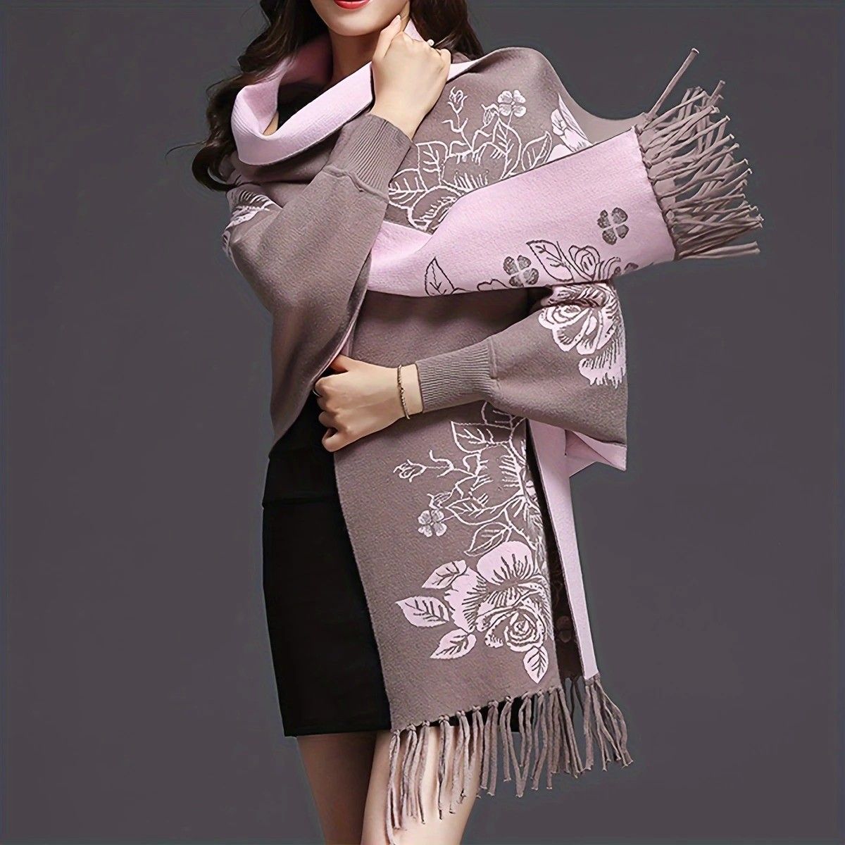 Double-sided Jacquard Cheongsam Shawl, Color-Blocked Fringed Cape Design, Autumn/Winter Fashion & Warmth Two-in-One Scarf(brown) - Image 6