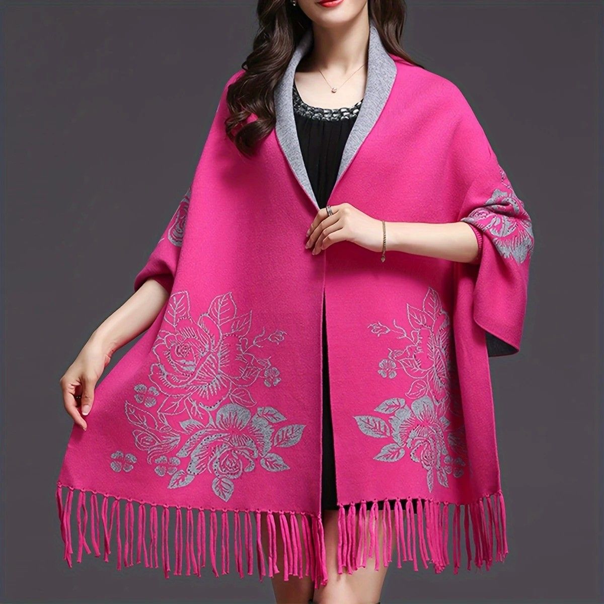 Double-sided Jacquard Cheongsam Shawl, Color-Blocked Fringed Cape Design, Autumn/Winter Fashion & Warmth Two-in-One Scarf(rose-carmine) - Image 1