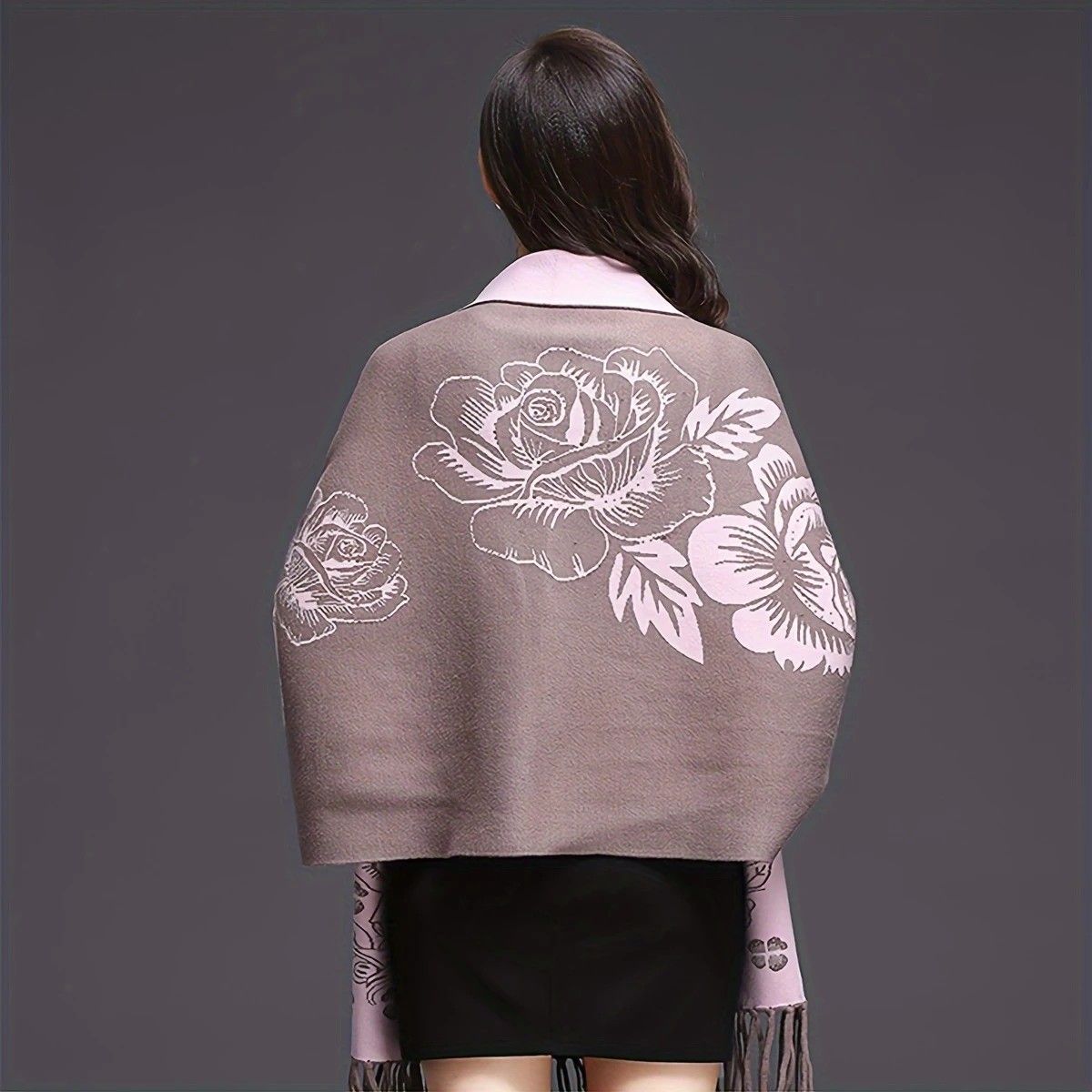 Double-sided Jacquard Cheongsam Shawl, Color-Blocked Fringed Cape Design, Autumn/Winter Fashion & Warmth Two-in-One Scarf(rose-carmine) - Image 6