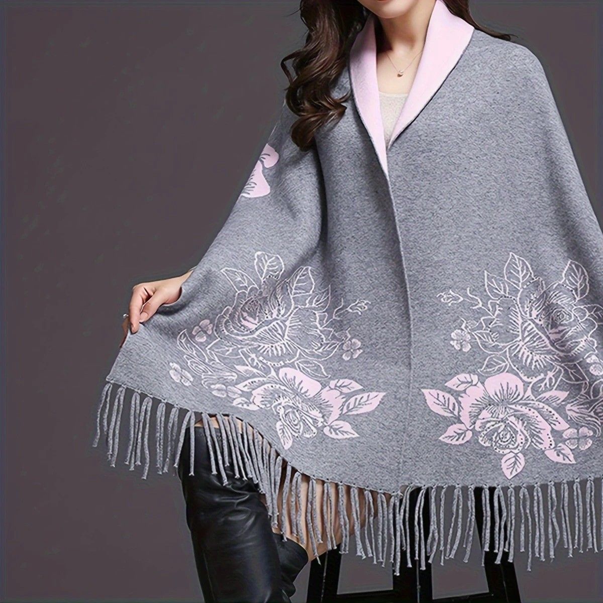 Double-sided Jacquard Cheongsam Shawl, Color-Blocked Fringed Cape Design, Autumn/Winter Fashion & Warmth Two-in-One Scarf(navy blue) - Image 6