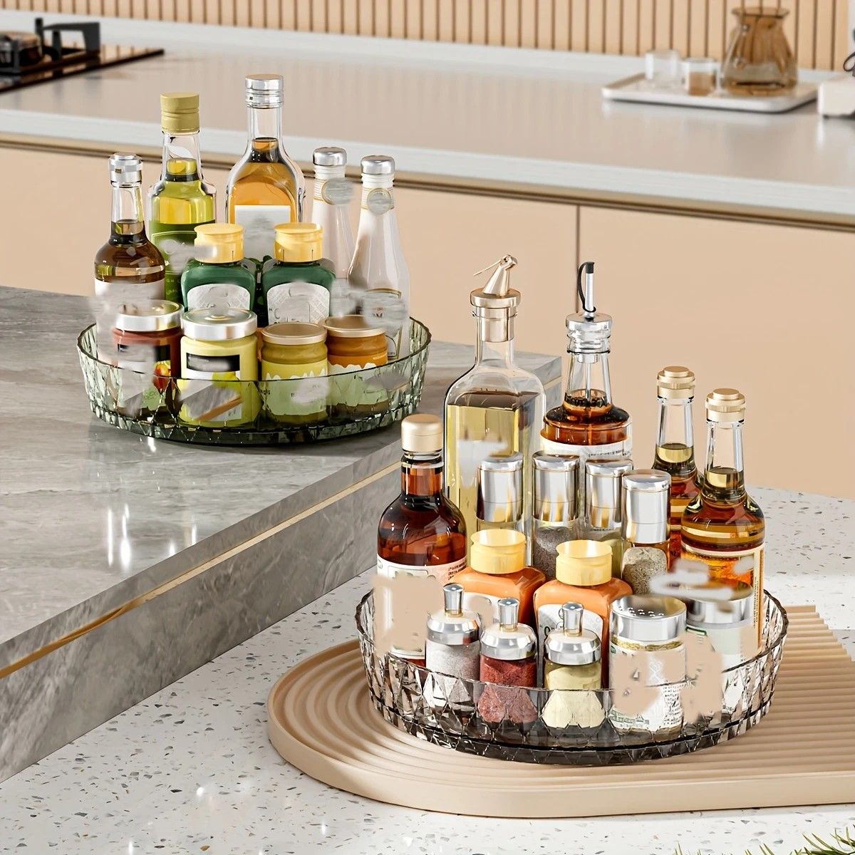 2PCS Acrylic Lazy Susan Organizer with Diamond Design | 360° Rotating Makeup & Vanity Tray | Modern Kitchen & Bathroom Storage（Transparent green） - Image 2