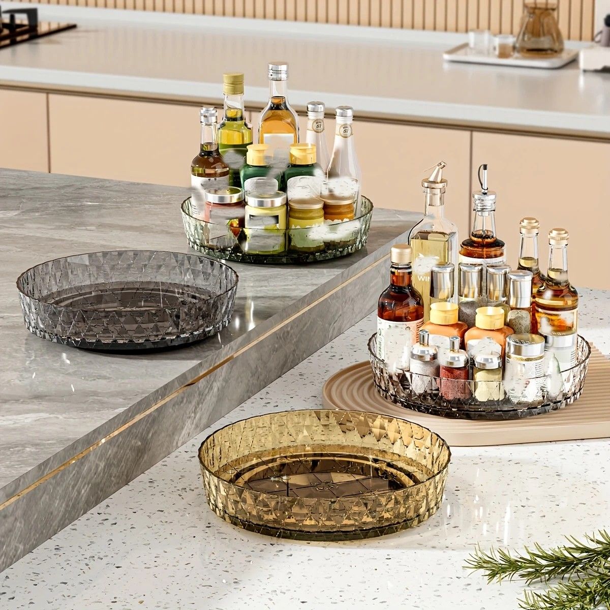 2PCS Acrylic Lazy Susan Organizer with Diamond Design | 360° Rotating Makeup & Vanity Tray | Modern Kitchen & Bathroom Storage（Transparent green） - Image 7