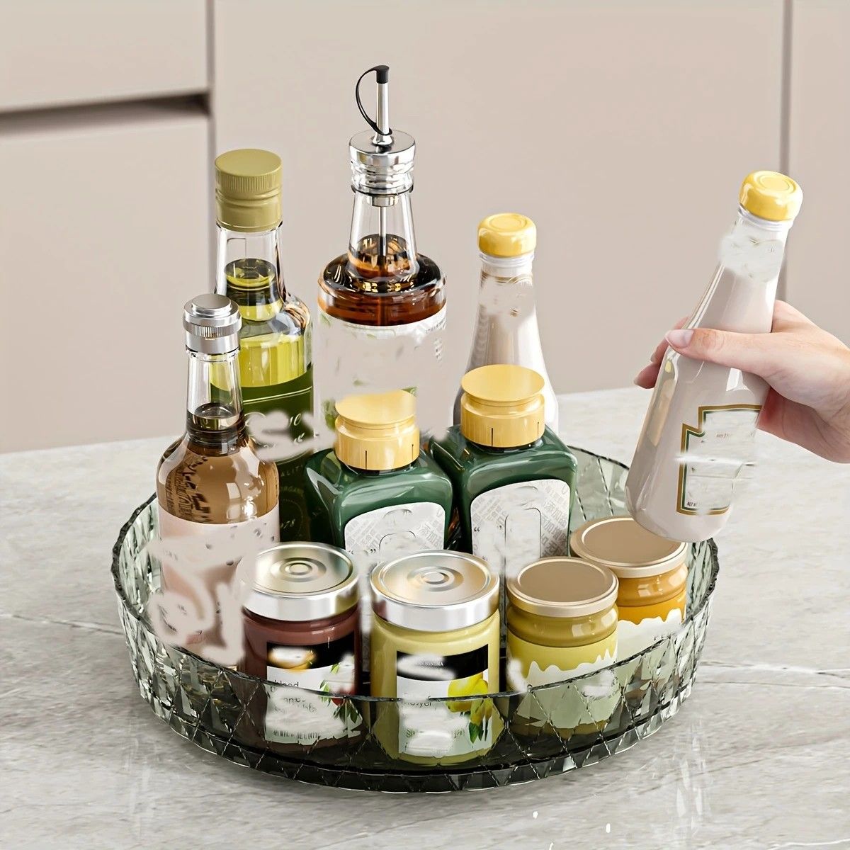2PCS Acrylic Lazy Susan Organizer with Diamond Design | 360° Rotating Makeup & Vanity Tray | Modern Kitchen & Bathroom Storage（Transparent grey） - Image 7
