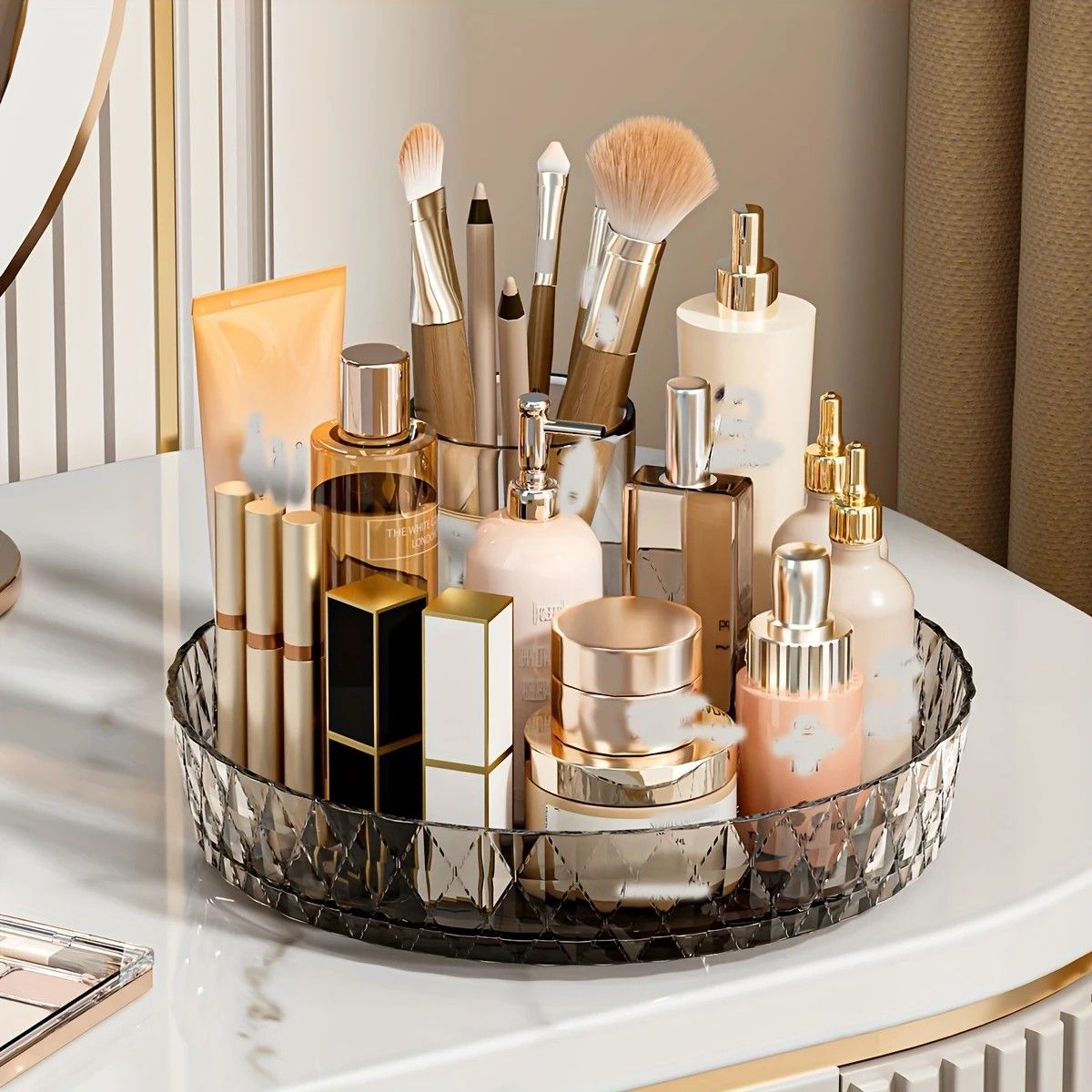 2PCS Acrylic Lazy Susan Organizer with Diamond Design | 360° Rotating Makeup & Vanity Tray | Modern Kitchen & Bathroom Storage（Transparent yellowish brown） - Image 2