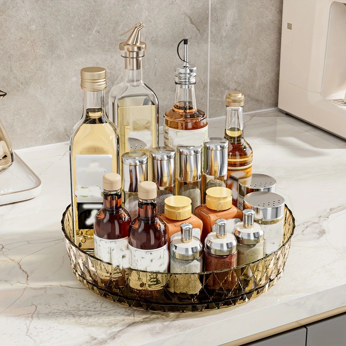 2PCS Acrylic Lazy Susan Organizer with Diamond Design | 360° Rotating Makeup & Vanity Tray | Modern Kitchen & Bathroom Storage（Transparent yellowish brown） - Image 4