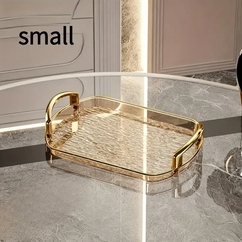 Water Ripple Double-Ear Tray: PET One-Piece Molded, Smooth & Easy to Clean, Gold/Silver Edge Thickened Double Ears, Small Size, Light Luxury & Multi-Purpose Storage/Phnom Penh (amber gold) - Image 1