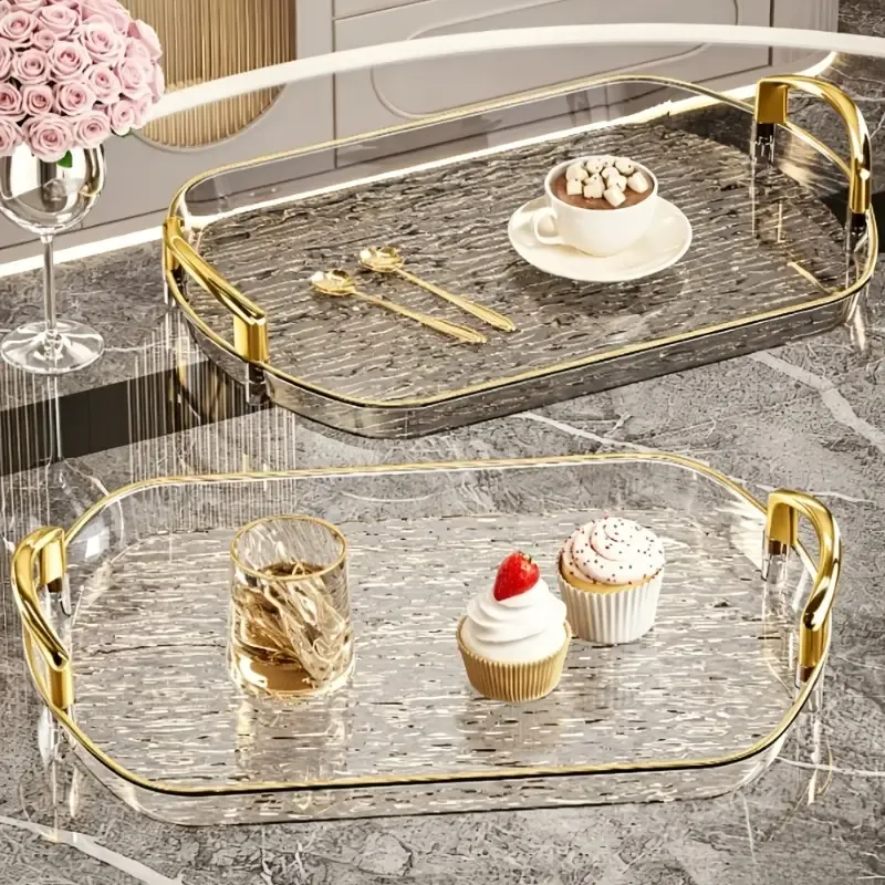 Water Ripple Double-Ear Tray: PET One-Piece Molded, Smooth & Easy to Clean, Gold/Silver Edge Thickened Double Ears, Small Size, Light Luxury & Multi-Purpose Storage/Phnom Penh (amber gold) - Image 2