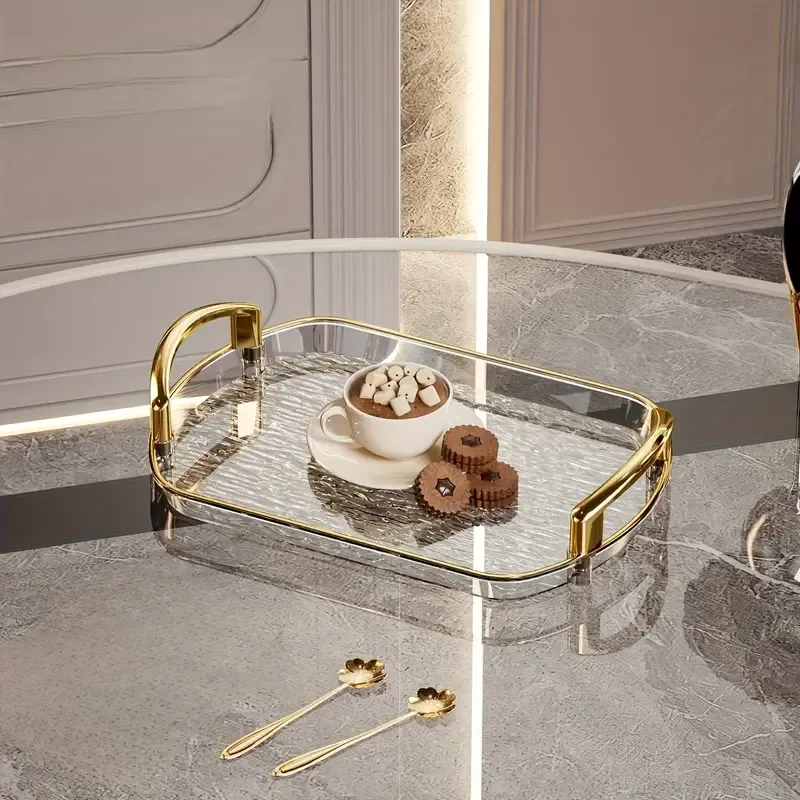 Water Ripple Double-Ear Tray: PET One-Piece Molded, Smooth & Easy to Clean, Gold/Silver Edge Thickened Double Ears, Small Size, Light Luxury & Multi-Purpose Storage/Phnom Penh (amber gold) - Image 4